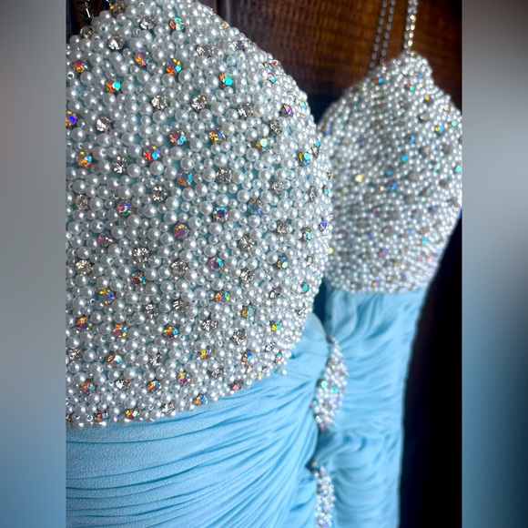 Vintage Y2K Baby Blue Beaded Formal Evening Gown